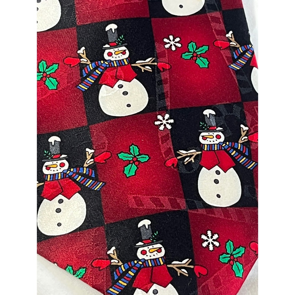 Hallmark Yule Tie Greetings Necktie Mens OS Red Black Excellent Silk Snowman - Picture 2 of 10